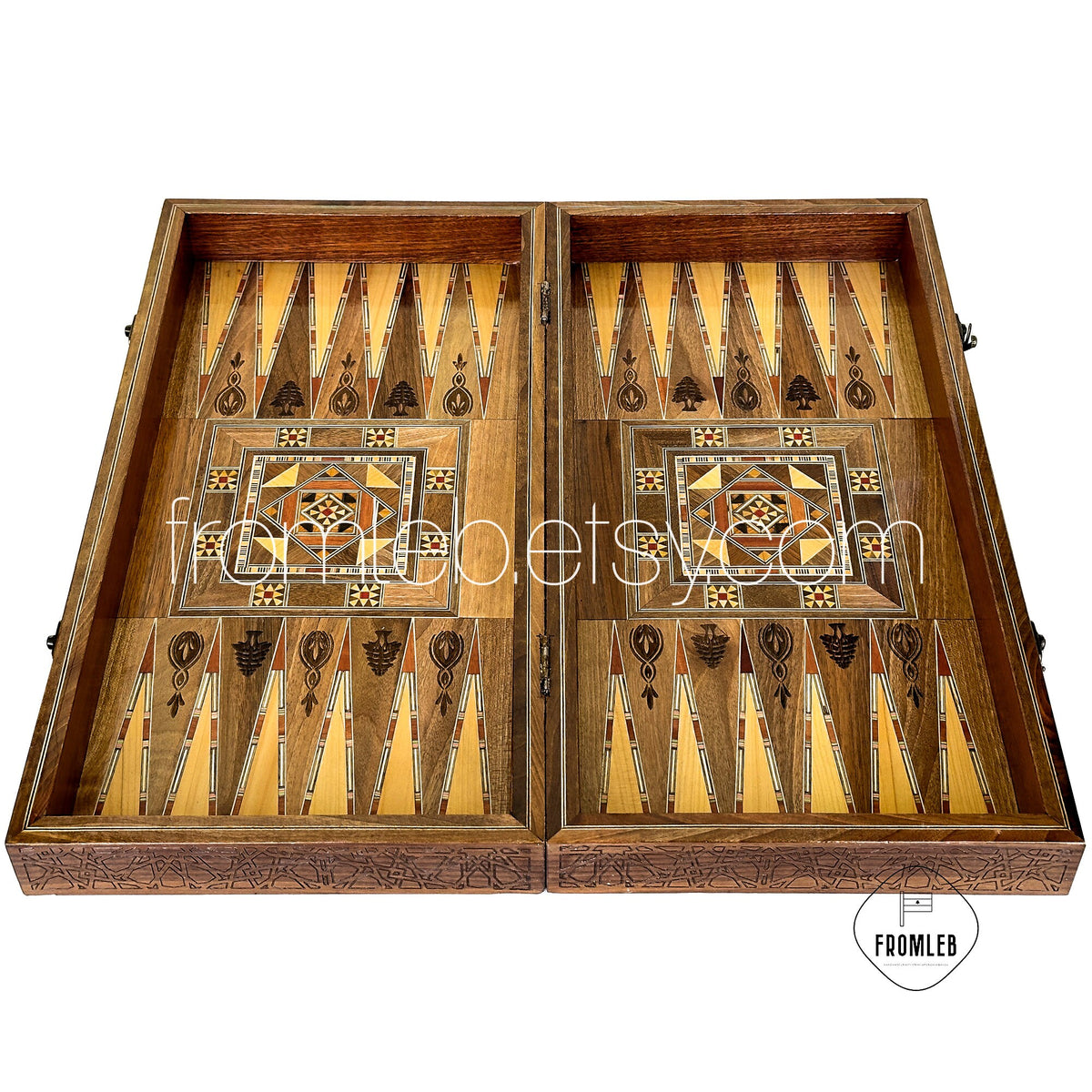 Handmade Arab Walnut Backgammon and Chess Set with Mosaic Inlays from Lebanon