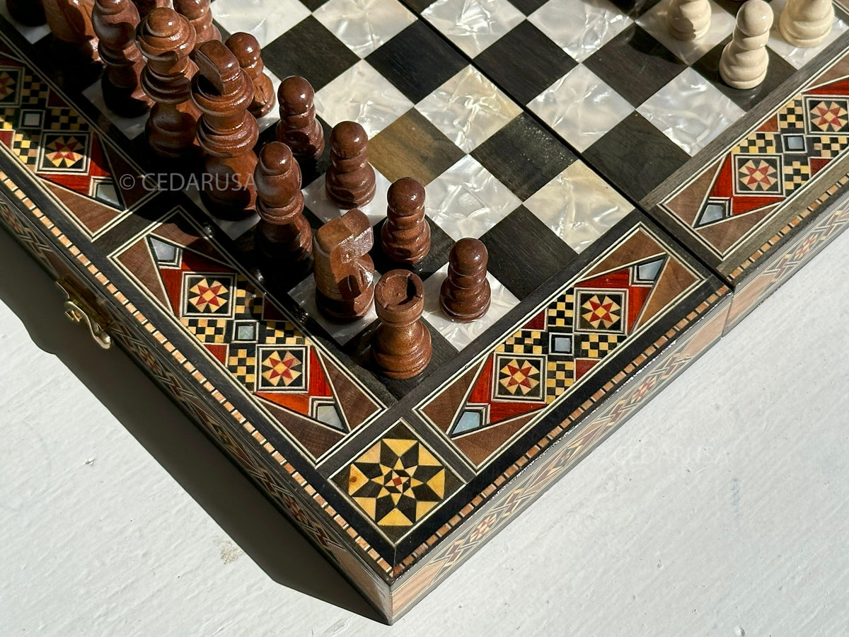 Authentic 12" Backgammon & Chess Set - Handmade in Lebanon - Checkers stones and chess pieces included