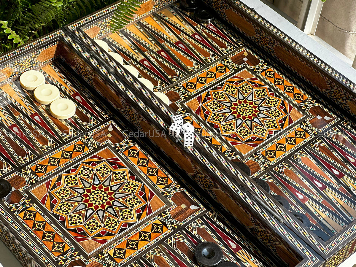 Backgammon Set & Chess Board from Lebanon - Lebanese Handmade Checkers Board Game with Real Pearl Inlays and Real Wooden Inlays