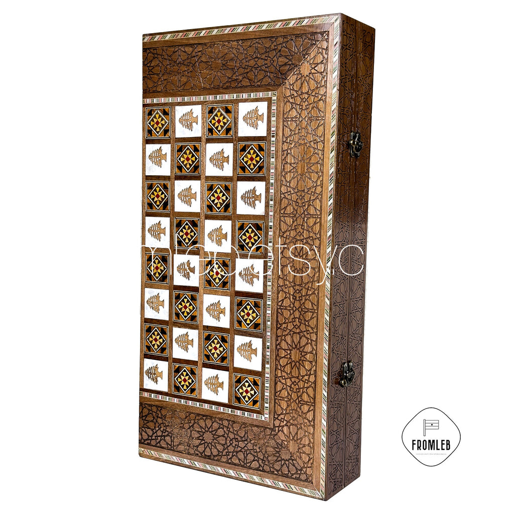Handmade Arab Walnut Backgammon and Chess Set with Mosaic Inlays from Lebanon