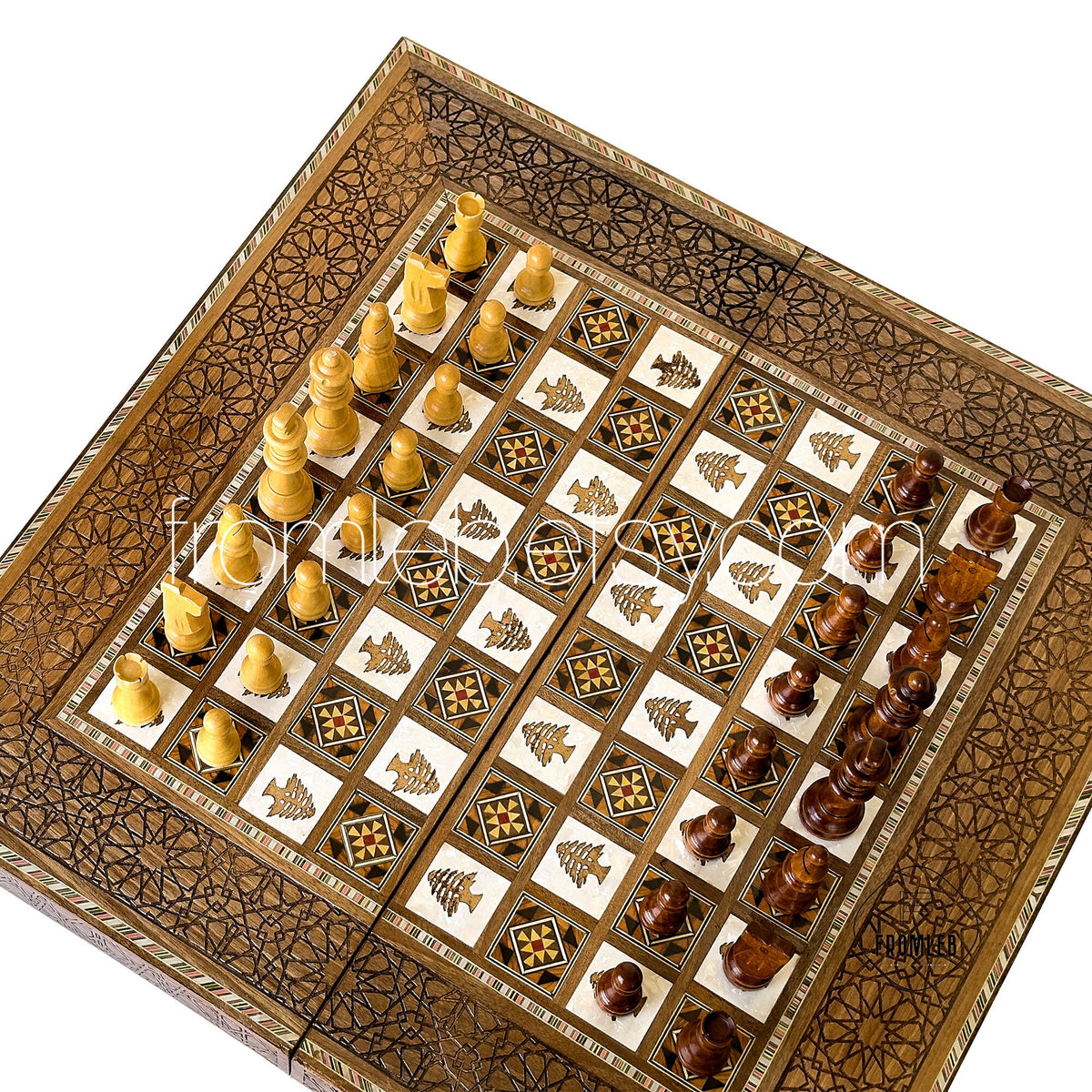 Handmade Arab Walnut Backgammon and Chess Set with Mosaic Inlays from Lebanon