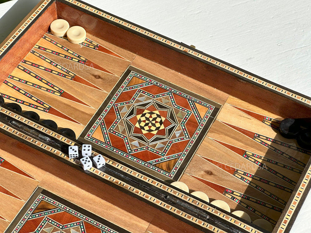 Handmade 12" Chess and Backgammon Set with Genuine Mosaic Wooden Inlays and Mother of Pearl from Lebanon