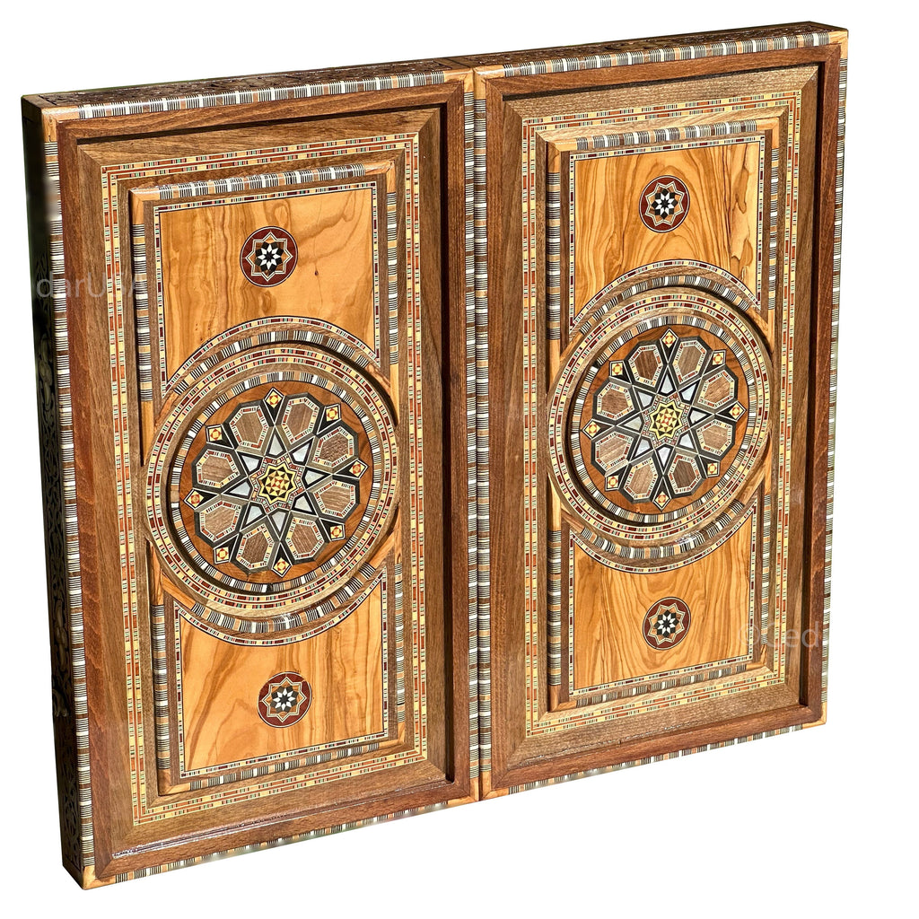 Olive Wood Backgammon Set with Real Pearl Inlays From Lebanon - Handmade Luxurious 21"x21" Large Sized Board