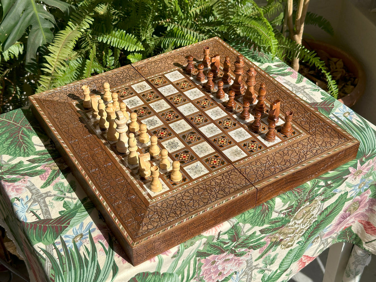 Luxurious 20"x20" Walnut Wood Chess and Backgammon Board with Pearl Inlays