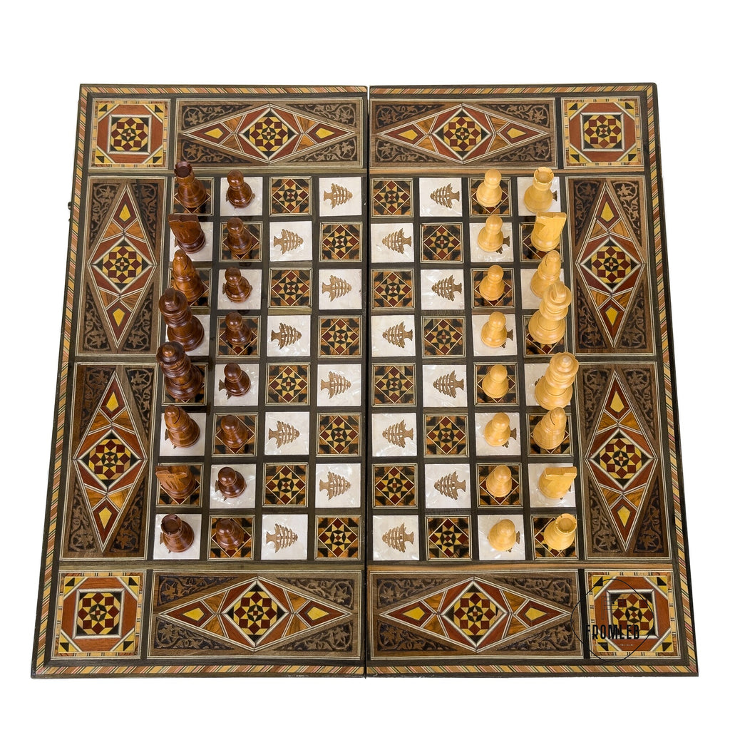Engraved Backgammon Chess Set: Large Handmade Lebanese Game Board from Lebanon
