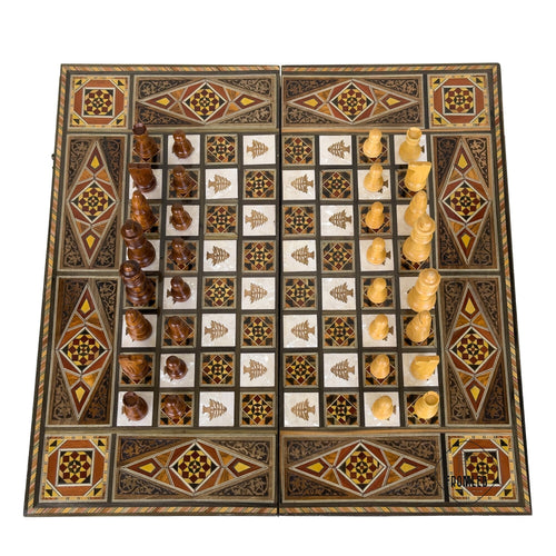 Engraved Backgammon Chess Set: Large Handmade Lebanese Game Board from Lebanon