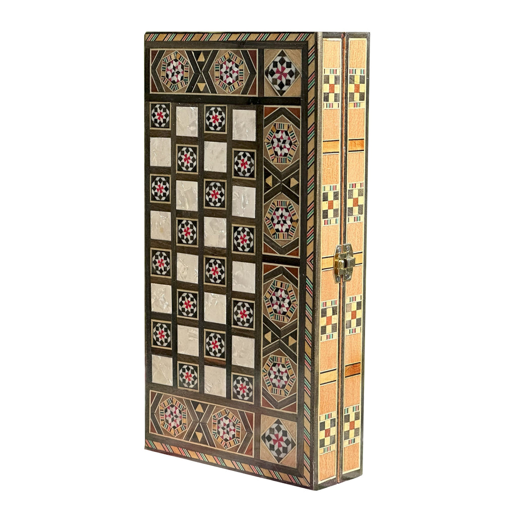 Handcrafted 12"x12" Chess and Backgammon Set with Wooden Inlays and Mother of Pearl