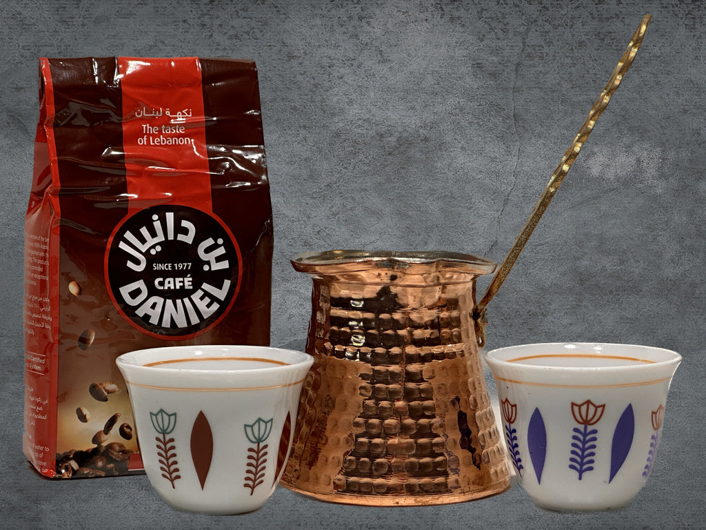 Lebanese Coffee Gift Set: Copper Pot, Ceramic Cups, Fresh Coffee from Lebanon