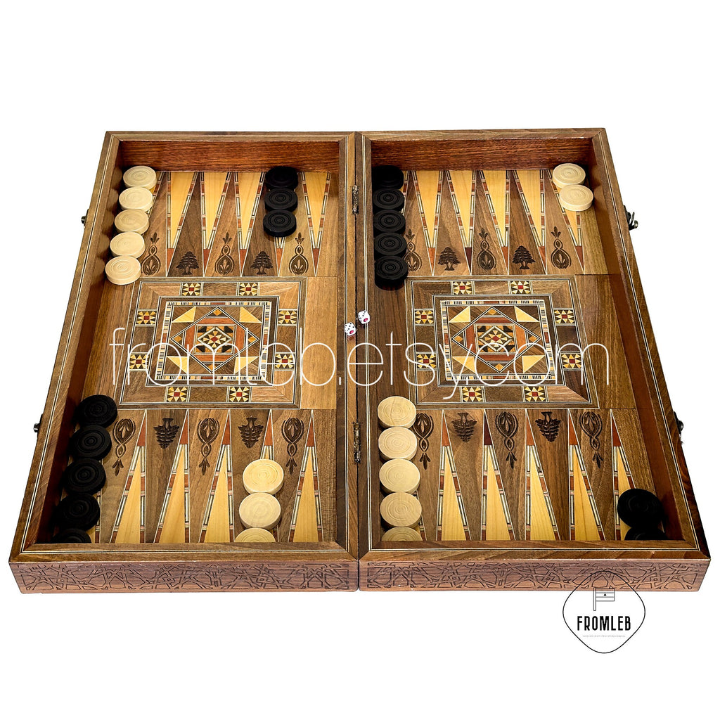 Handmade Arab Walnut Backgammon and Chess Set with Mosaic Inlays from Lebanon