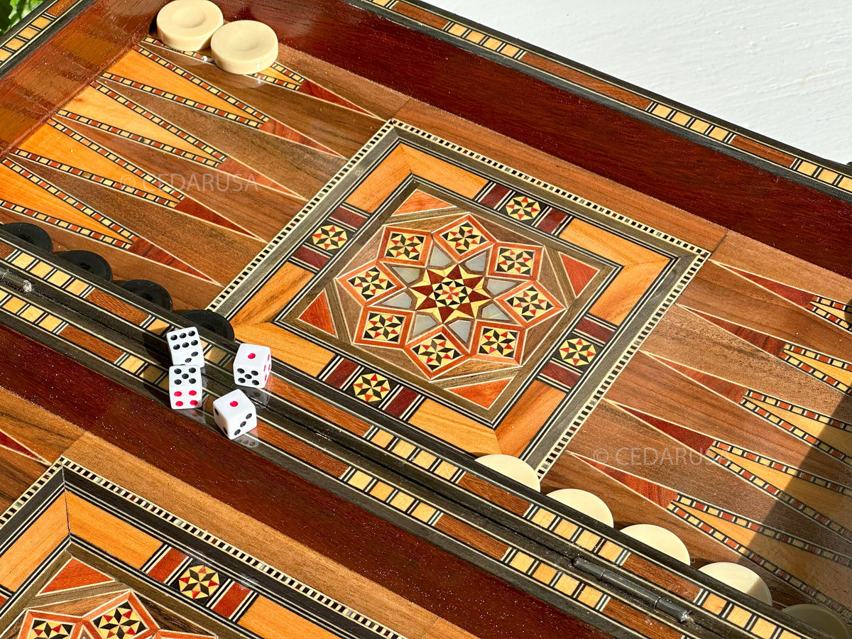 Handcrafted 16" Chess and Backgammon Set with Wooden Inlays and Mother of Pearl