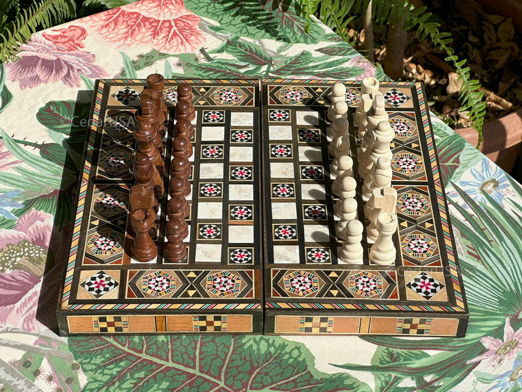 Handcrafted 12"x12" Chess and Backgammon Set with Wooden Inlays and Mother of Pearl