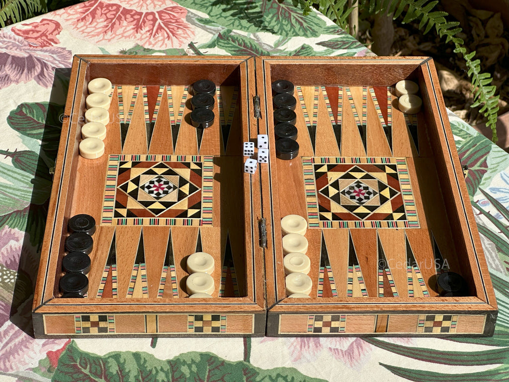Handcrafted 12"x12" Chess and Backgammon Set with Wooden Inlays and Mother of Pearl