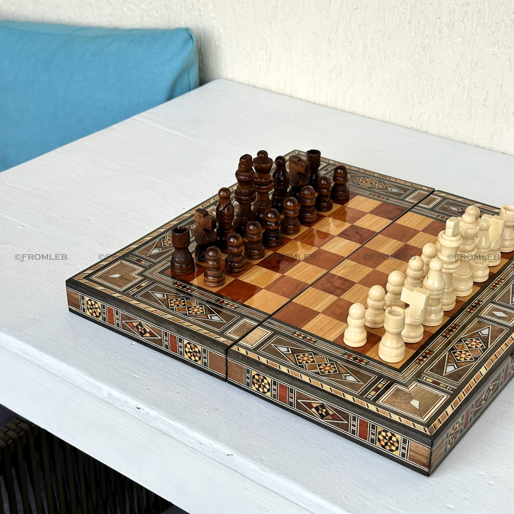 Handmade Backgammon & Chess Set: Wooden Inlays, Mother of Pearl - 12" from Lebanon