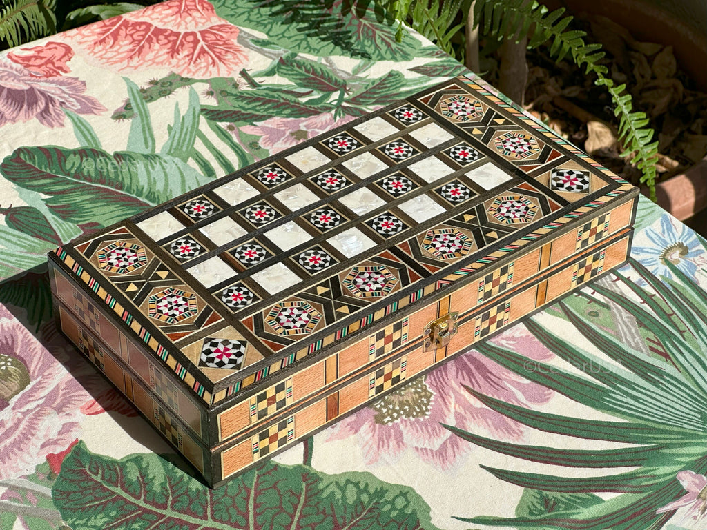 Handcrafted 12"x12" Chess and Backgammon Set with Wooden Inlays and Mother of Pearl