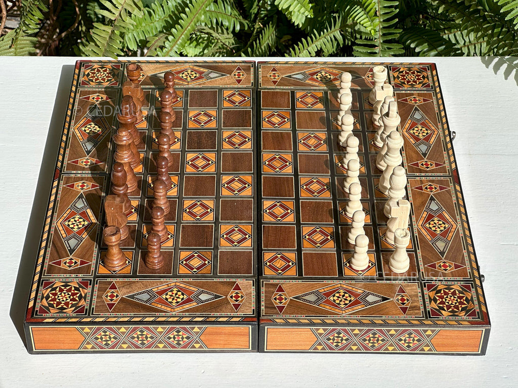 Handcrafted 16" Chess and Backgammon Set with Wooden Inlays and Mother of Pearl