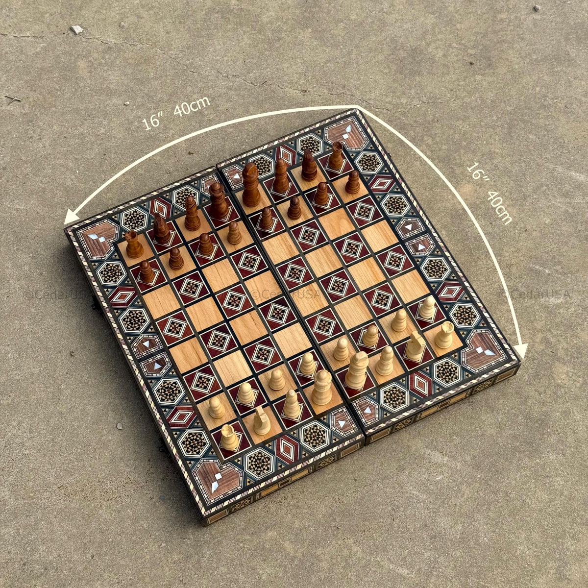 Backgammon Set and Chess Board from Lebanon - Lebanese Tables Board with Wooden Chess Pieces, Personalizable Christmas Gift