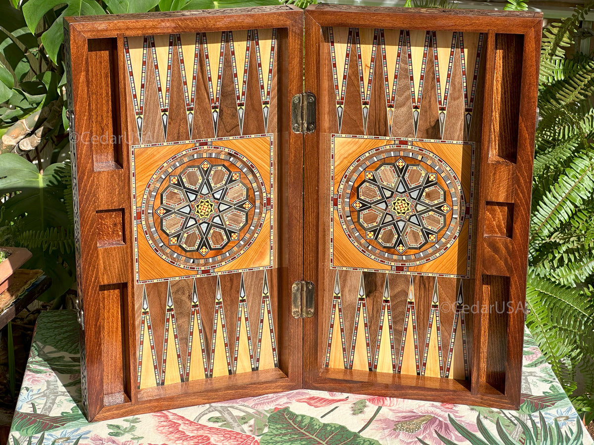 Olive Wood Backgammon Set with Real Pearl Inlays From Lebanon - Handmade Luxurious 21"x21" Large Sized Board