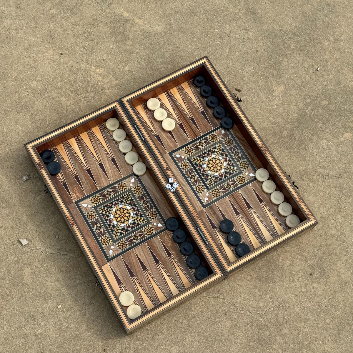 Backgammon Set and Chess Board from Lebanon - Lebanese Tables Board with Wooden Chess Pieces, Personalizable Christmas Gift