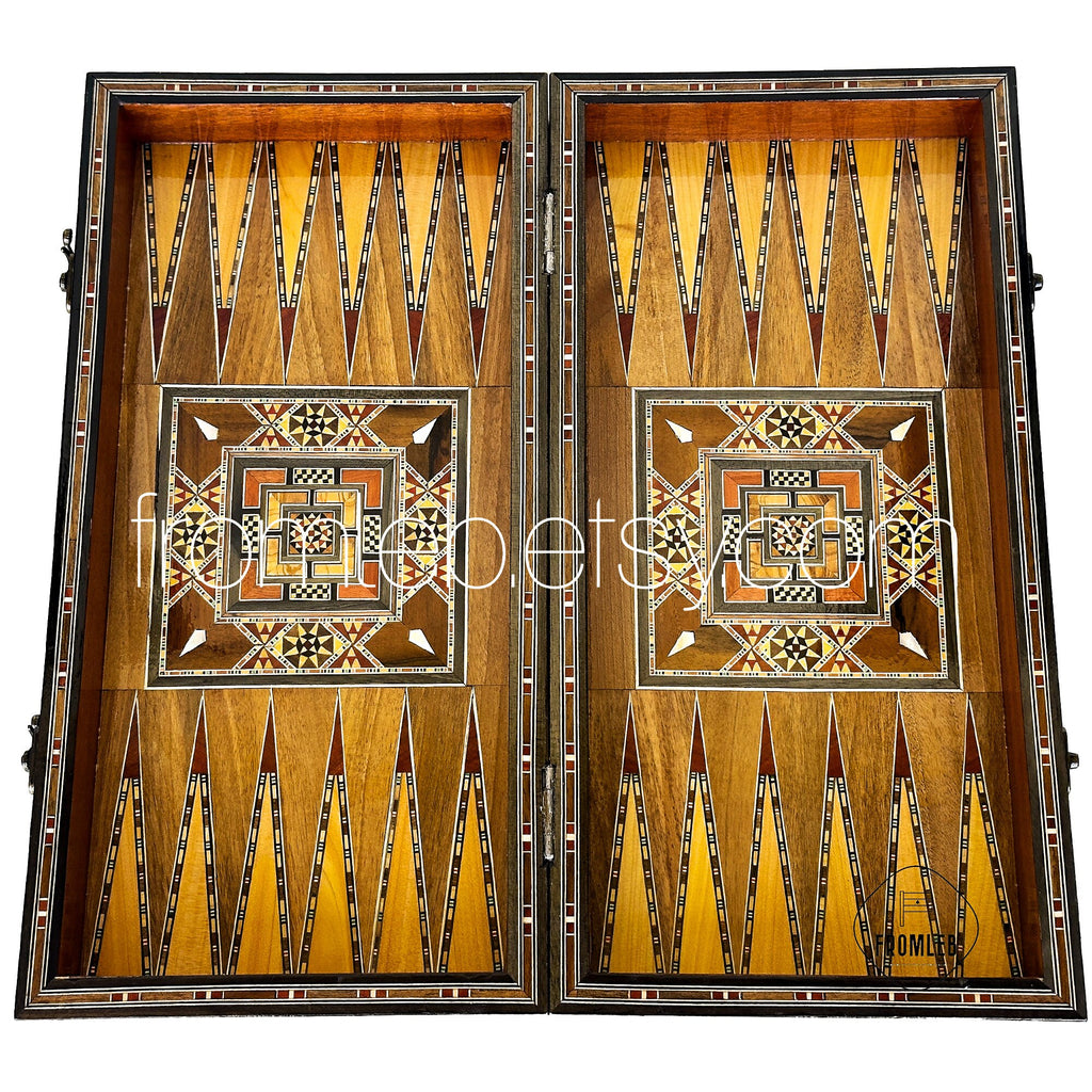 Handmade Backgammon Chess Set: Vintage Pearl Mosaic Inlay from Lebanon