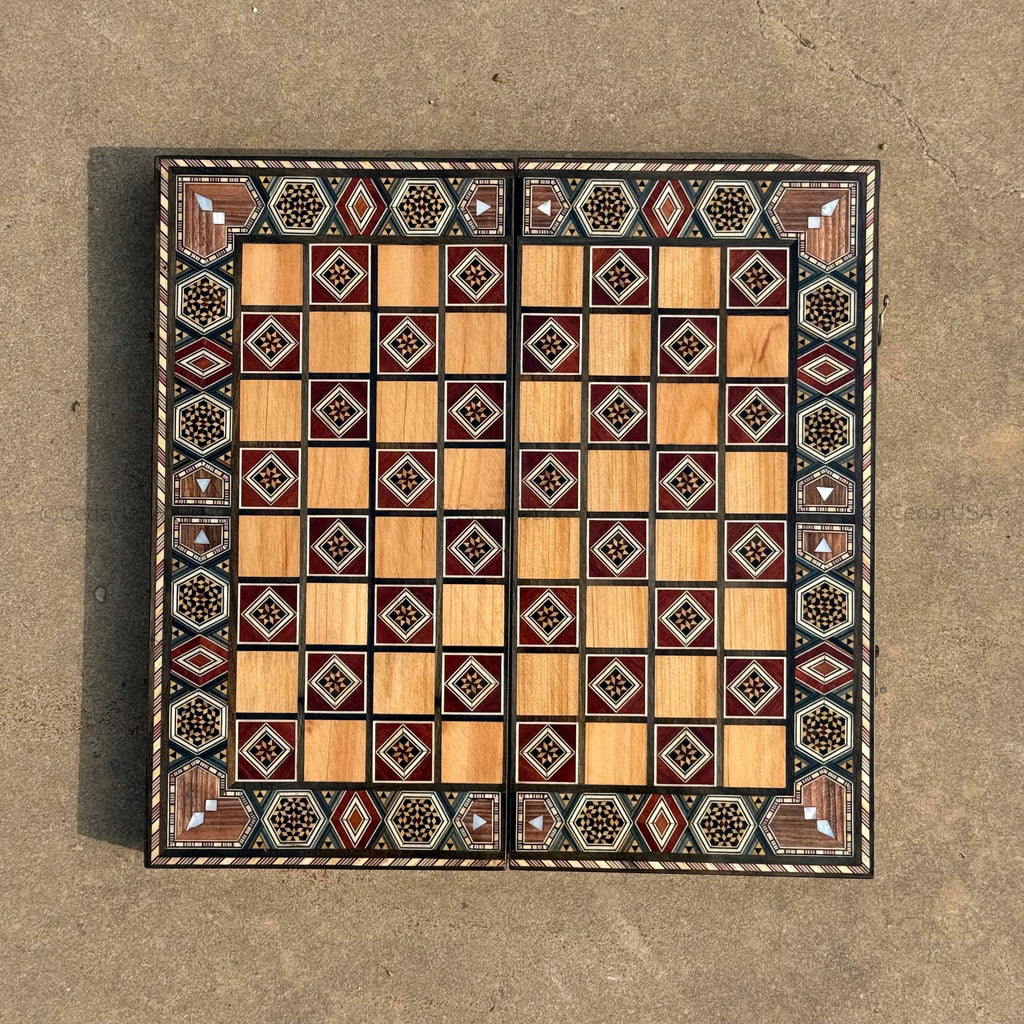Backgammon Set and Chess Board from Lebanon - Lebanese Tables Board with Wooden Chess Pieces, Personalizable Christmas Gift