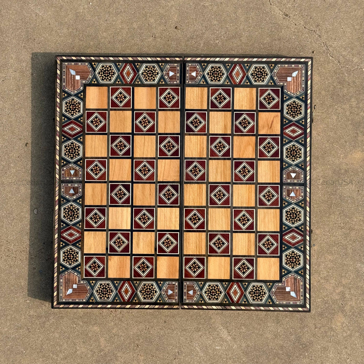 Backgammon Set and Chess Board from Lebanon - Lebanese Tables Board with Wooden Chess Pieces, Personalizable Christmas Gift