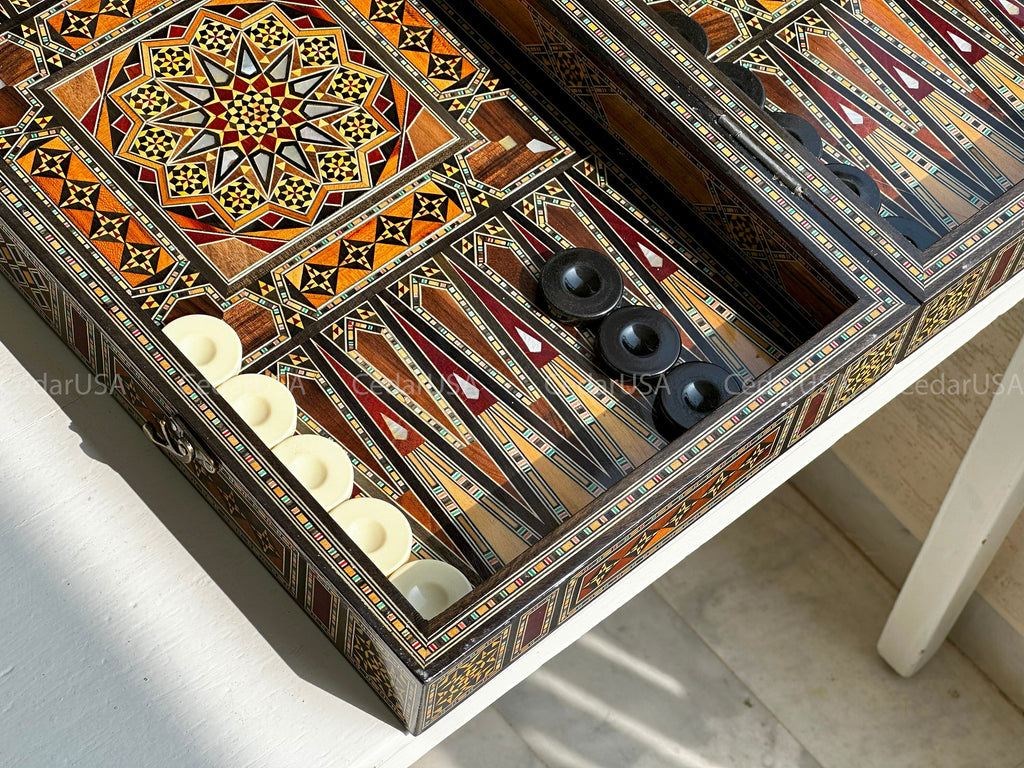 Backgammon Set & Chess Board from Lebanon - Lebanese Handmade Checkers Board Game with Real Pearl Inlays and Real Wooden Inlays