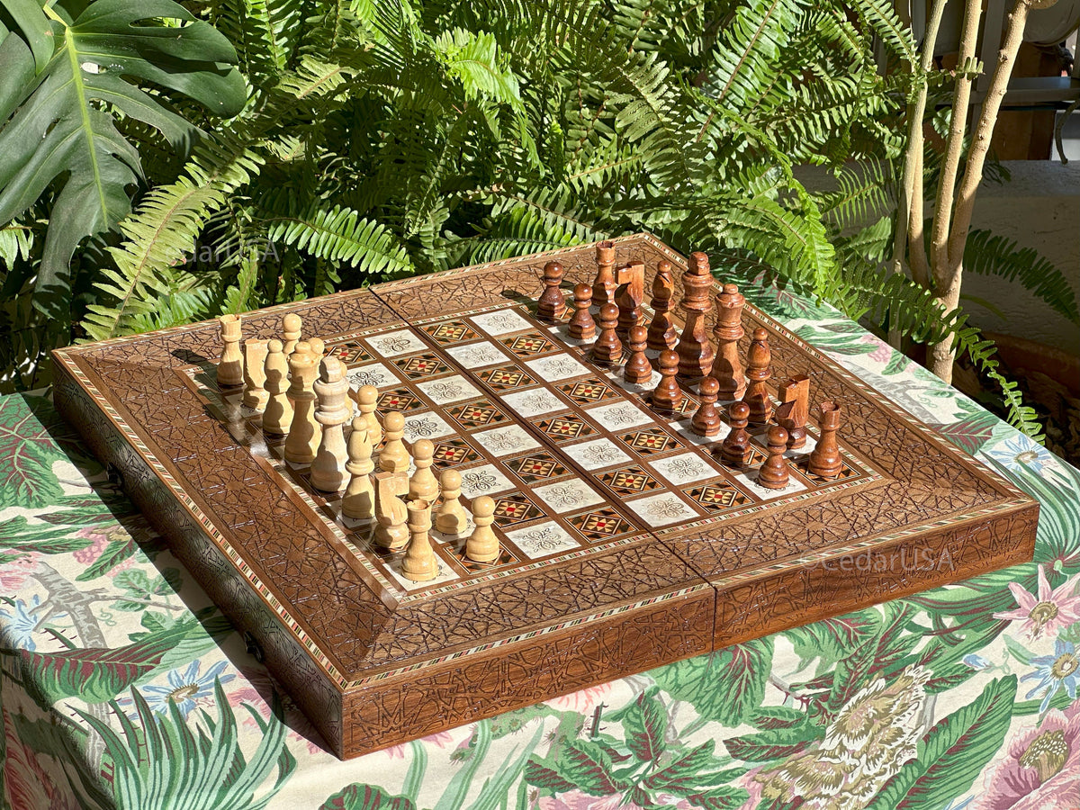 Luxurious 20"x20" Walnut Wood Chess and Backgammon Board with Pearl Inlays