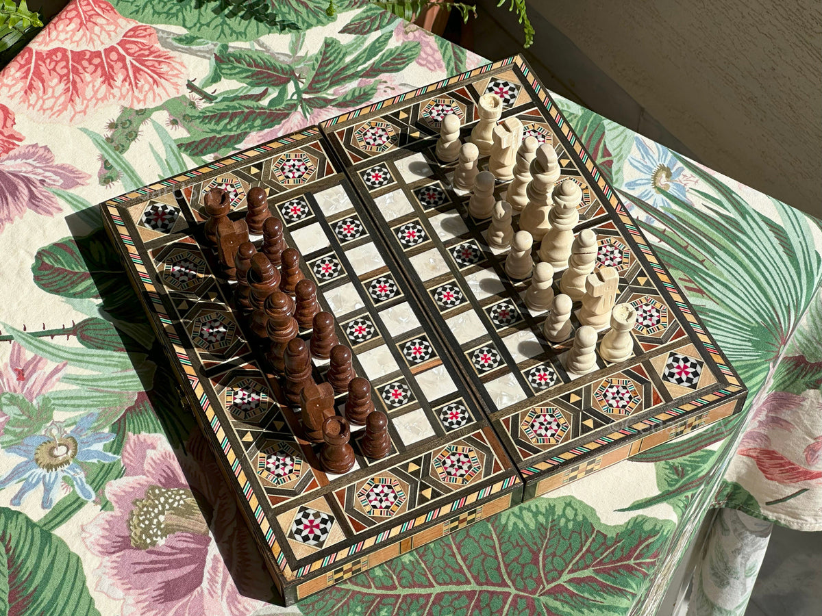Handcrafted 12"x12" Chess and Backgammon Set with Wooden Inlays and Mother of Pearl