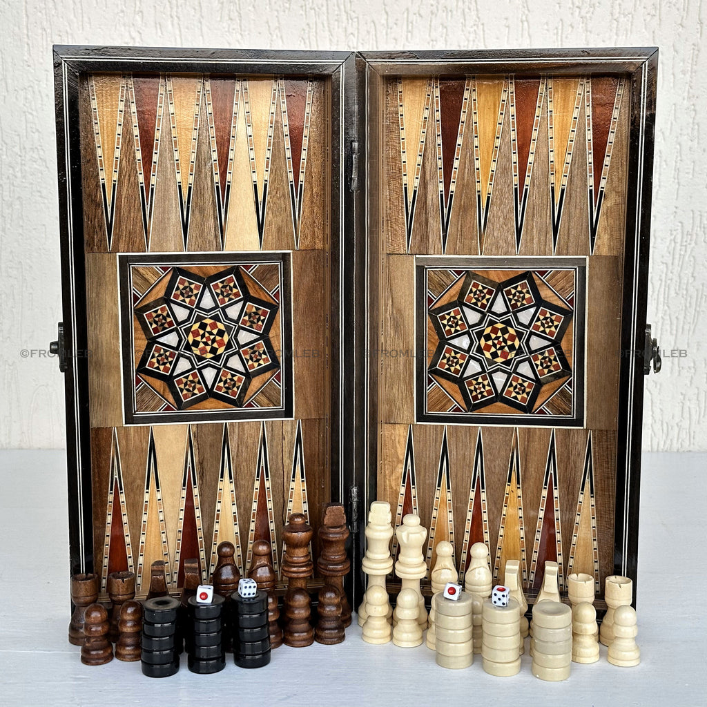 Handmade Backgammon & Chess Set: Wooden Inlays, Mother of Pearl - 12" from Lebanon