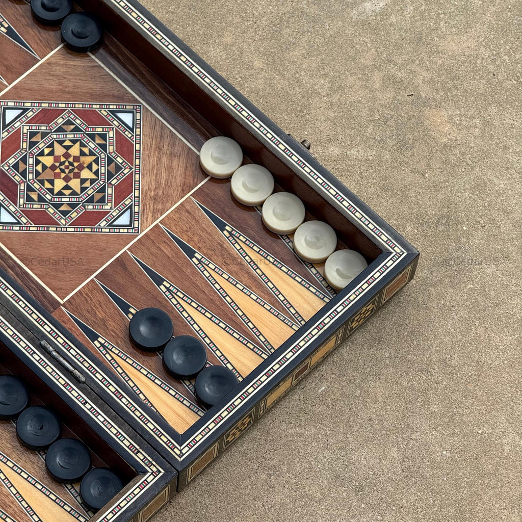 Backgammon Set and Chess Board from Lebanon - Lebanese Tables Board with Wooden Chess Pieces, Personalizable Christmas Gift
