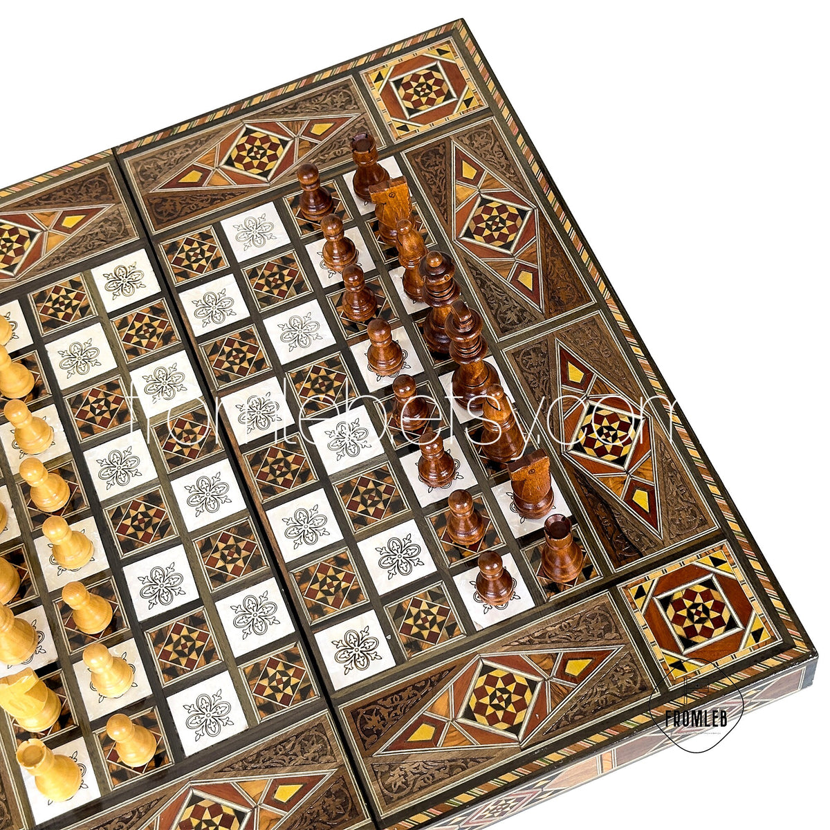 Handmade Chess and Backgammon Set: Lebanese Mother of Pearl Inlay from Lebanon