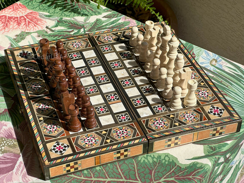 Handcrafted 12"x12" Chess and Backgammon Set with Wooden Inlays and Mother of Pearl
