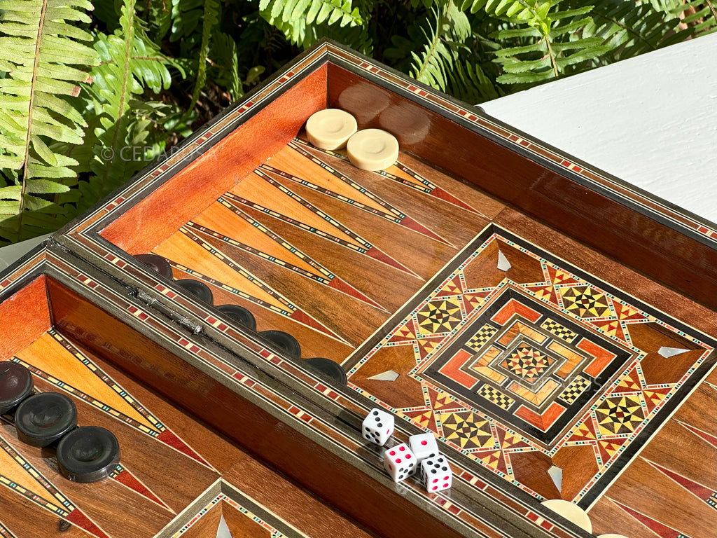 Handcrafted 16" Chess and Backgammon Set with Wooden Inlays and Mother of Pearl