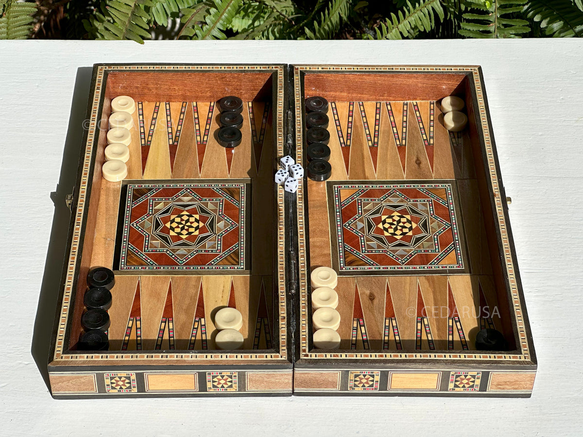Handmade 12" Chess and Backgammon Set with Genuine Mosaic Wooden Inlays and Mother of Pearl from Lebanon