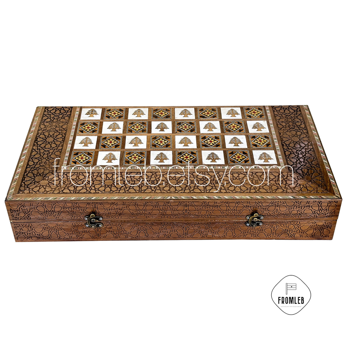 Handmade Arab Walnut Backgammon and Chess Set with Mosaic Inlays from Lebanon