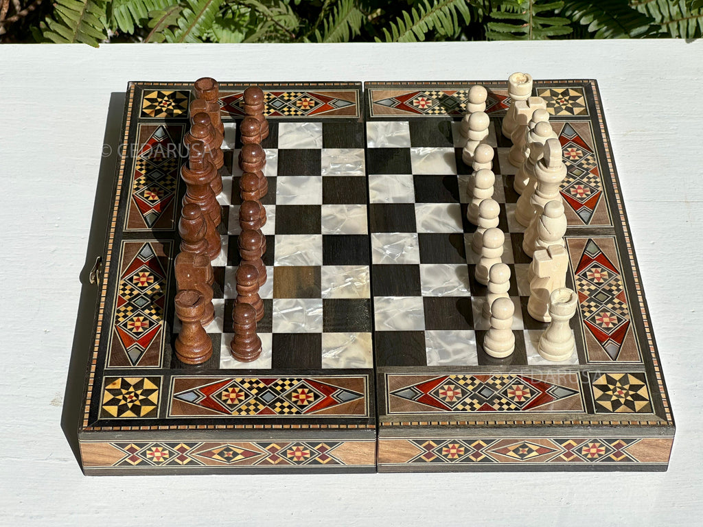Authentic 12" Backgammon & Chess Set - Handmade in Lebanon - Checkers stones and chess pieces included