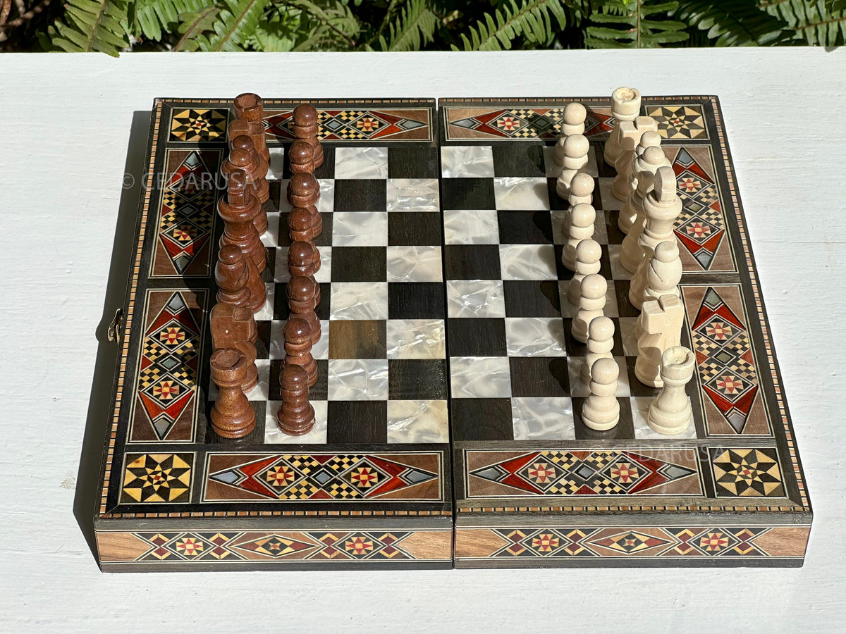 Authentic 12" Backgammon & Chess Set - Handmade in Lebanon - Checkers stones and chess pieces included