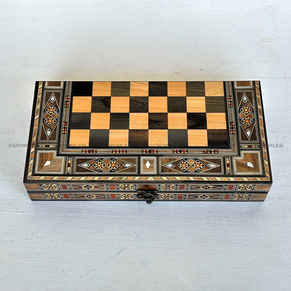 Handmade Backgammon & Chess Set: Wooden Inlays, Mother of Pearl (12 inch) from Lebanon