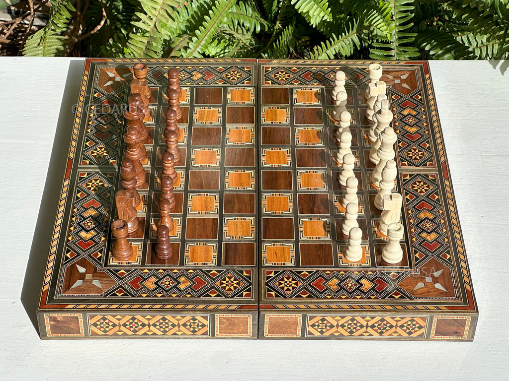 Handcrafted 16" Chess and Backgammon Set with Wooden Inlays and Mother of Pearl