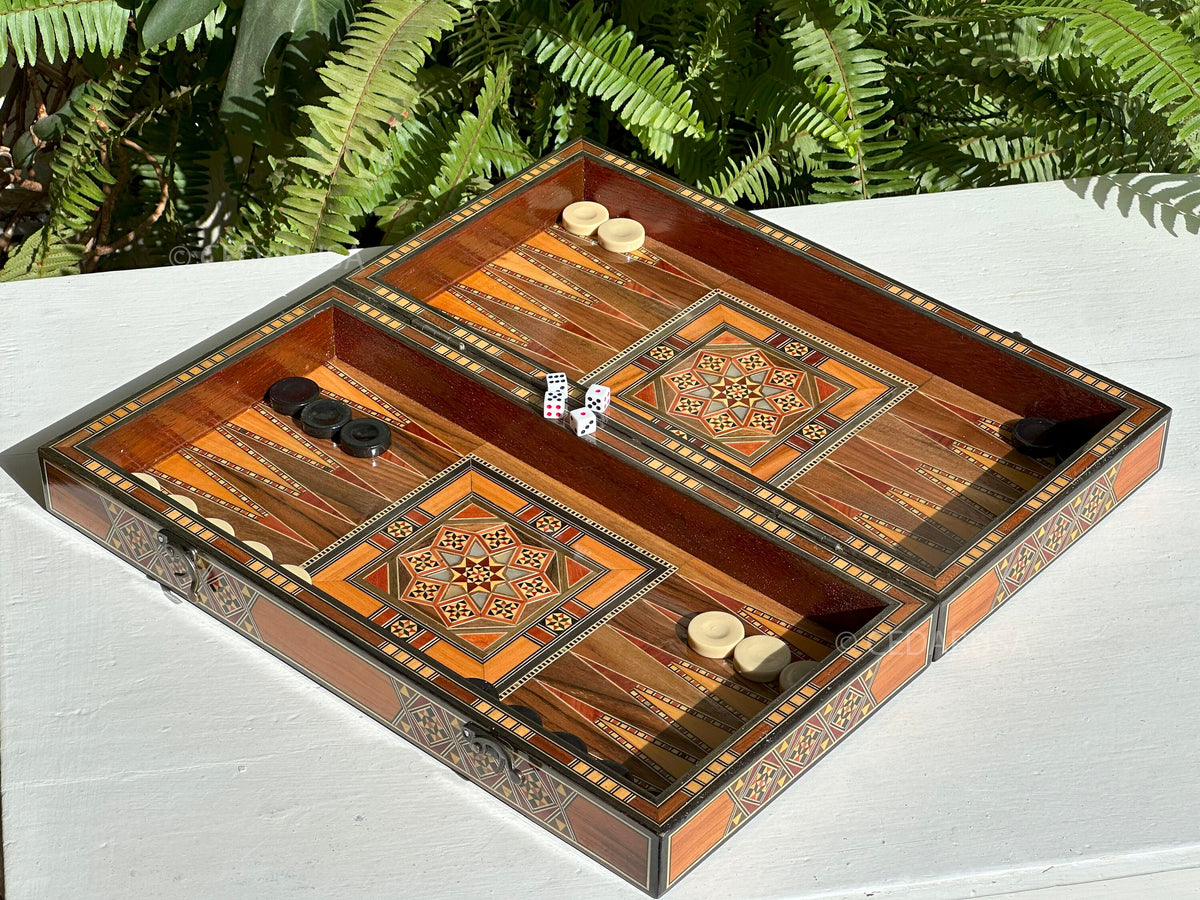 Handcrafted 16" Chess and Backgammon Set with Wooden Inlays and Mother of Pearl