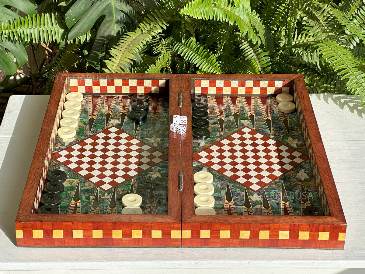One-of-a-Kind Vintage 20"x20" Chess and Backgammon Board with Mediterranean Pearls
