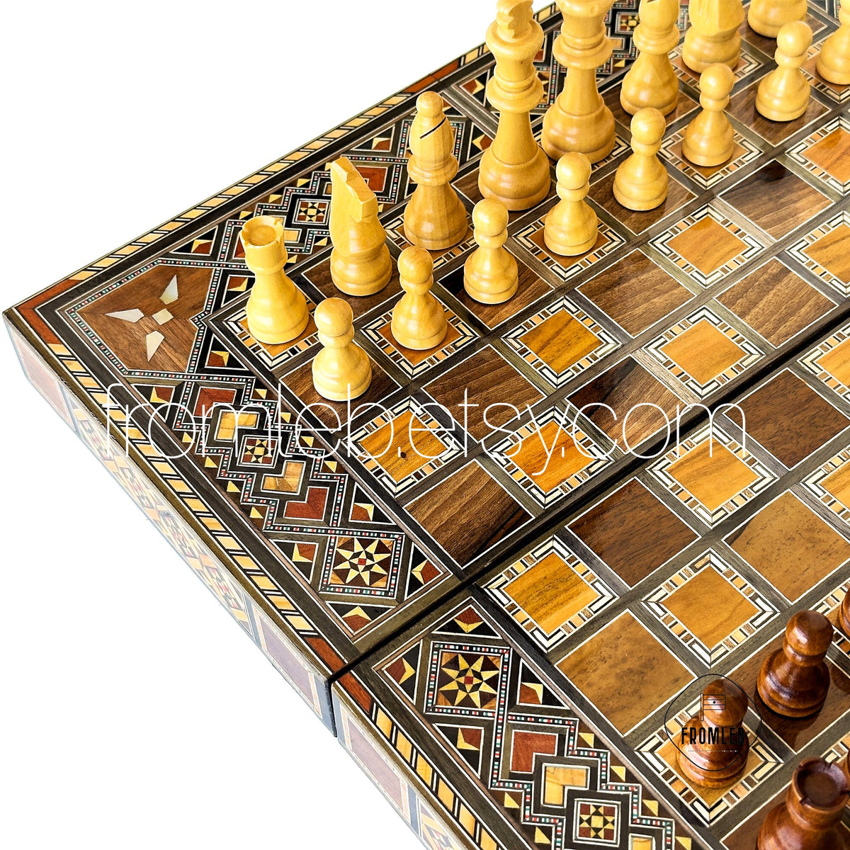 Handmade Backgammon Chess Set: Vintage Pearl Mosaic Inlay from Lebanon