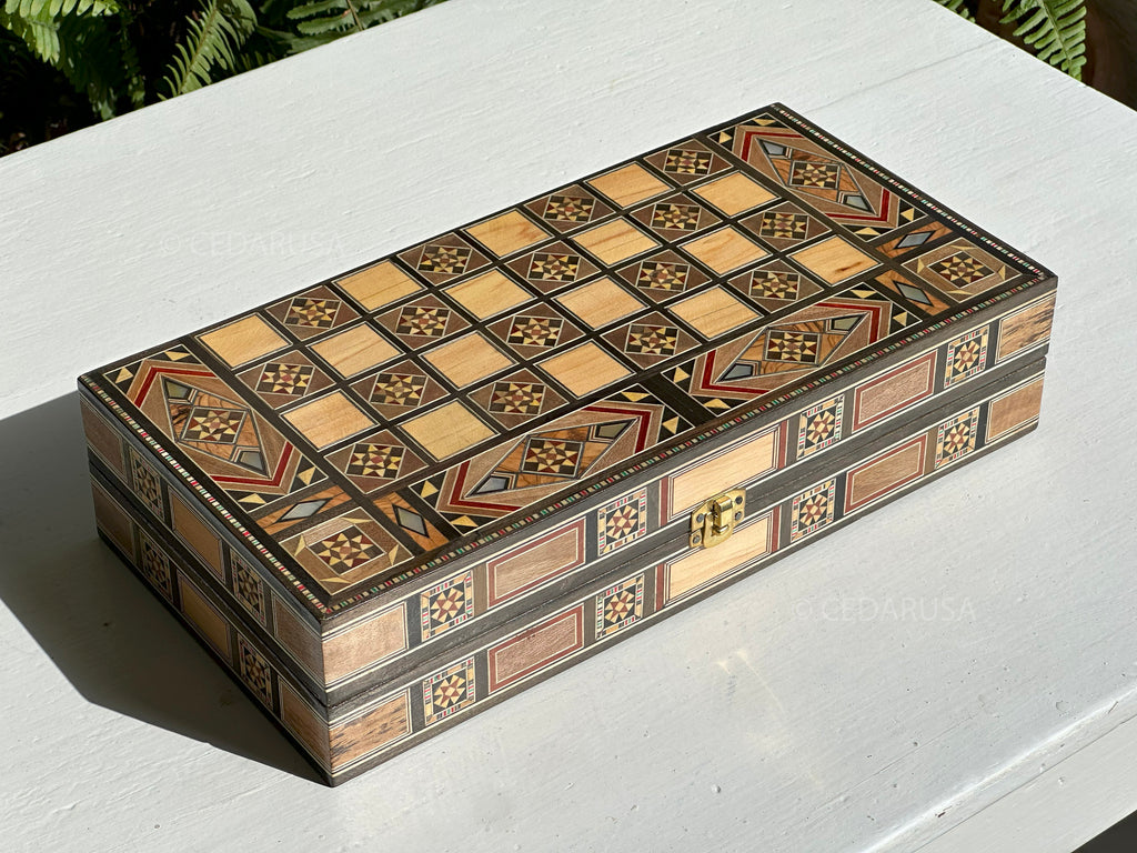 Handmade 12" Chess and Backgammon Set with Genuine Mosaic Wooden Inlays and Mother of Pearl from Lebanon