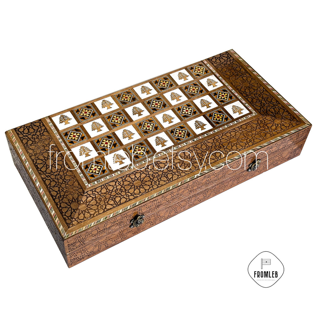 Handmade Arab Walnut Backgammon and Chess Set with Mosaic Inlays from Lebanon