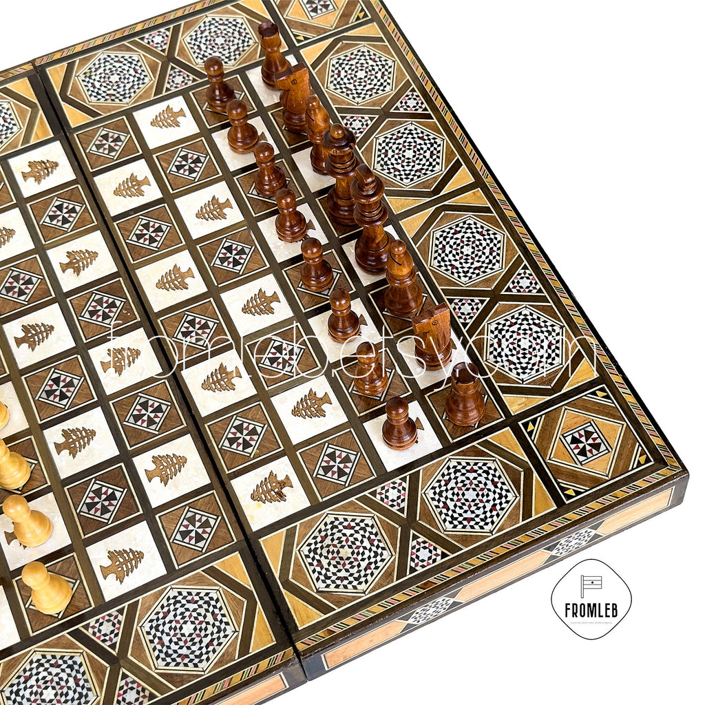 Handmade Cedar Backgammon and Chess Set: Arabian Mother of Pearl Inlay from Lebanon