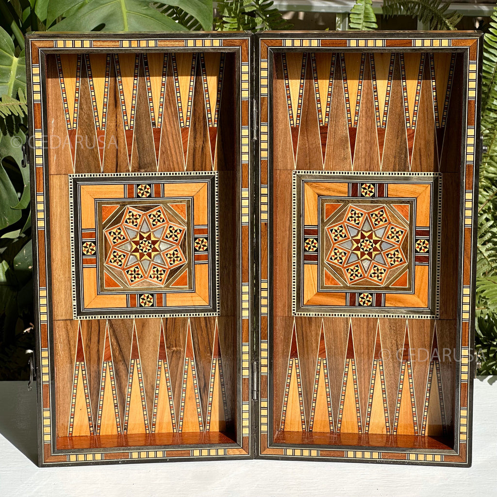 Handcrafted 16" Chess and Backgammon Set with Wooden Inlays and Mother of Pearl