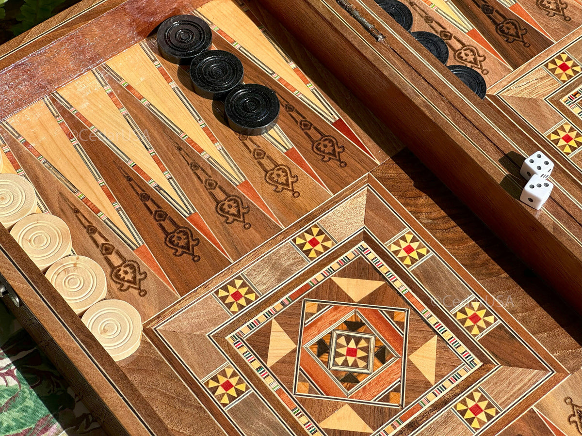 Luxurious 20"x20" Walnut Wood Chess and Backgammon Board with Pearl Inlays