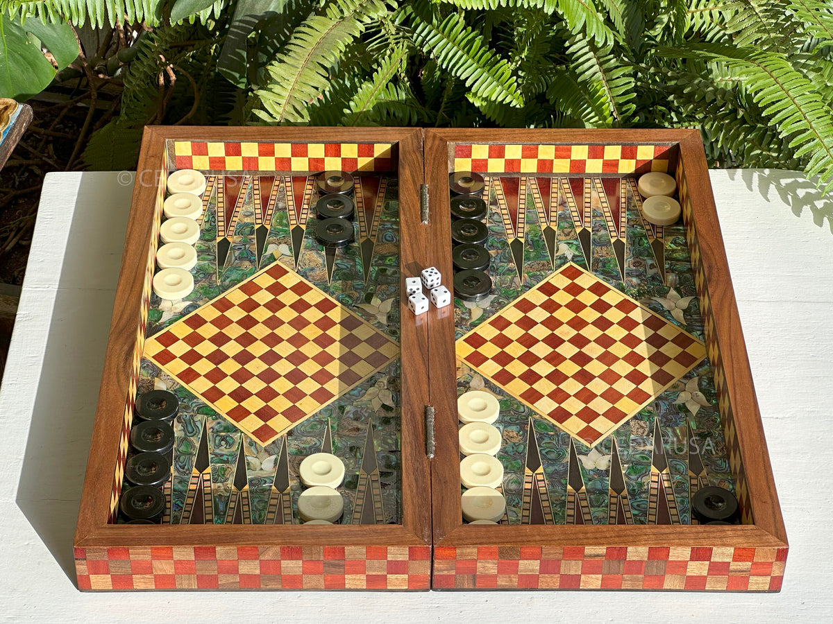 One-of-a-Kind Vintage 20"x20" Chess and Backgammon Board with Mediterranean Pearls