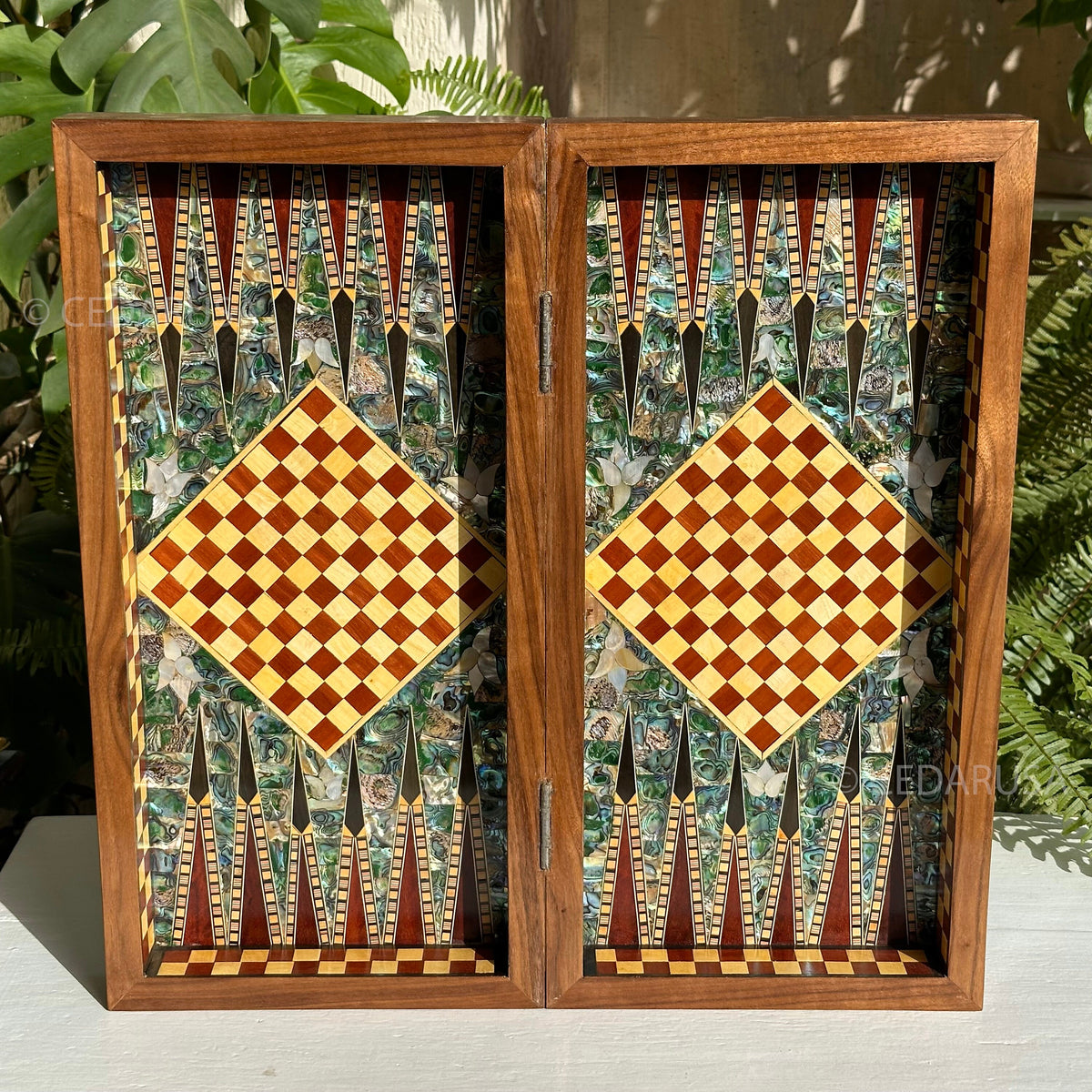One-of-a-Kind Vintage 20"x20" Chess and Backgammon Board with Mediterranean Pearls