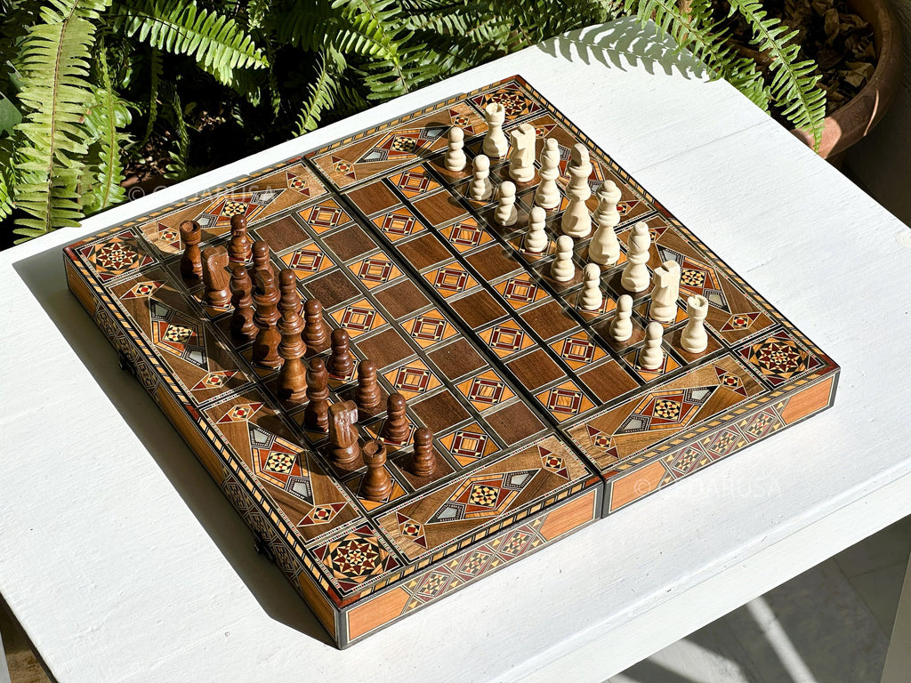 Handcrafted 16" Chess and Backgammon Set with Wooden Inlays and Mother of Pearl